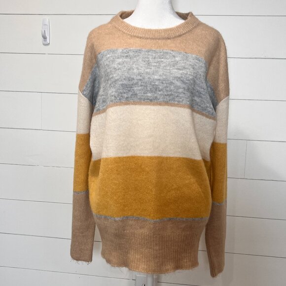Hem & Thread Sweaters - Hem & Thread Tan, Gray, Cream & Gold Striped Relaxed Fit Sweater Size M